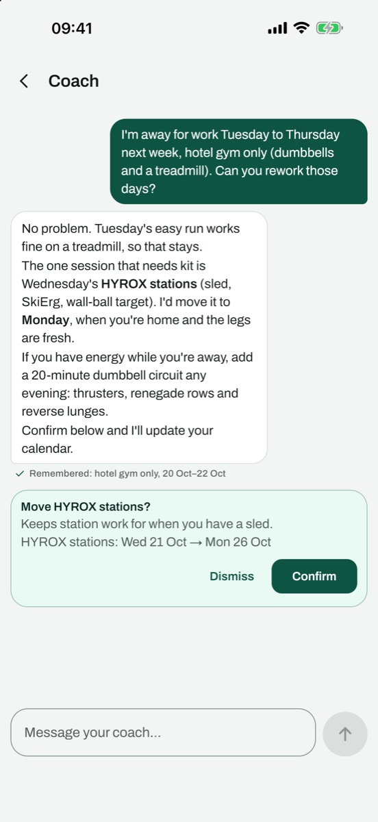 Chatting with Gef about a work trip; Gef suggests moving a HYROX session