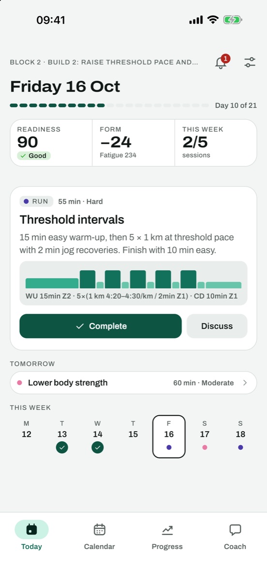 The Today screen: readiness, form, and a threshold interval session